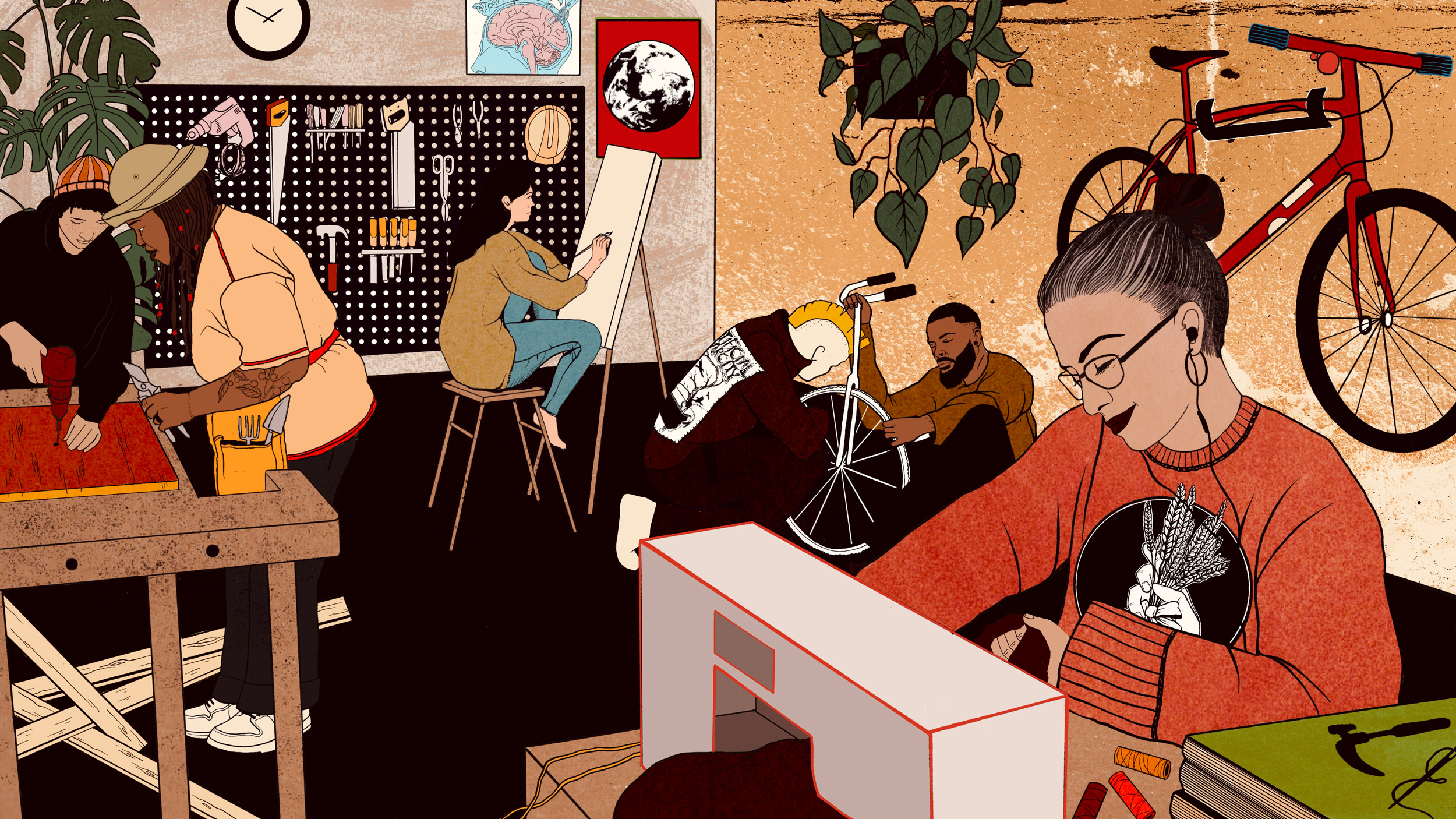 an illustration of several people working in the same room. two are woodworking, two are fixing a bike, one is sewing, and one is painting. they are all young adults and they're a mix of different races and fashion styles